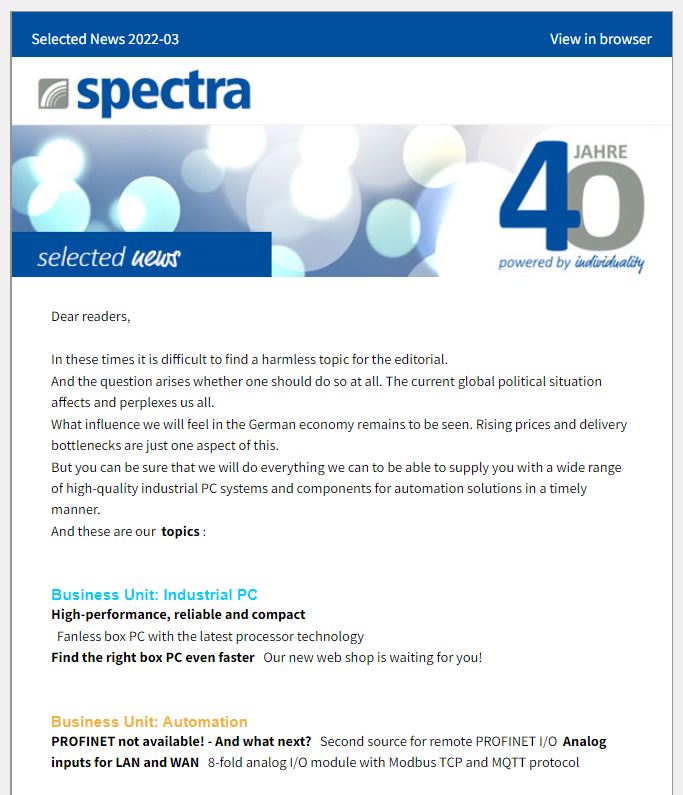 Spectra Newsletter - subscribe for free now!